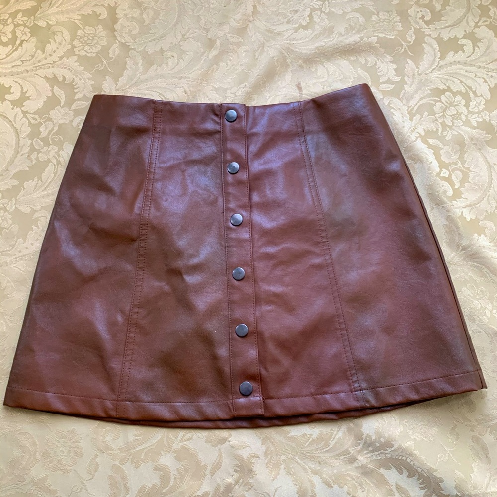 Brown Button-Up Faux Leather Skirt